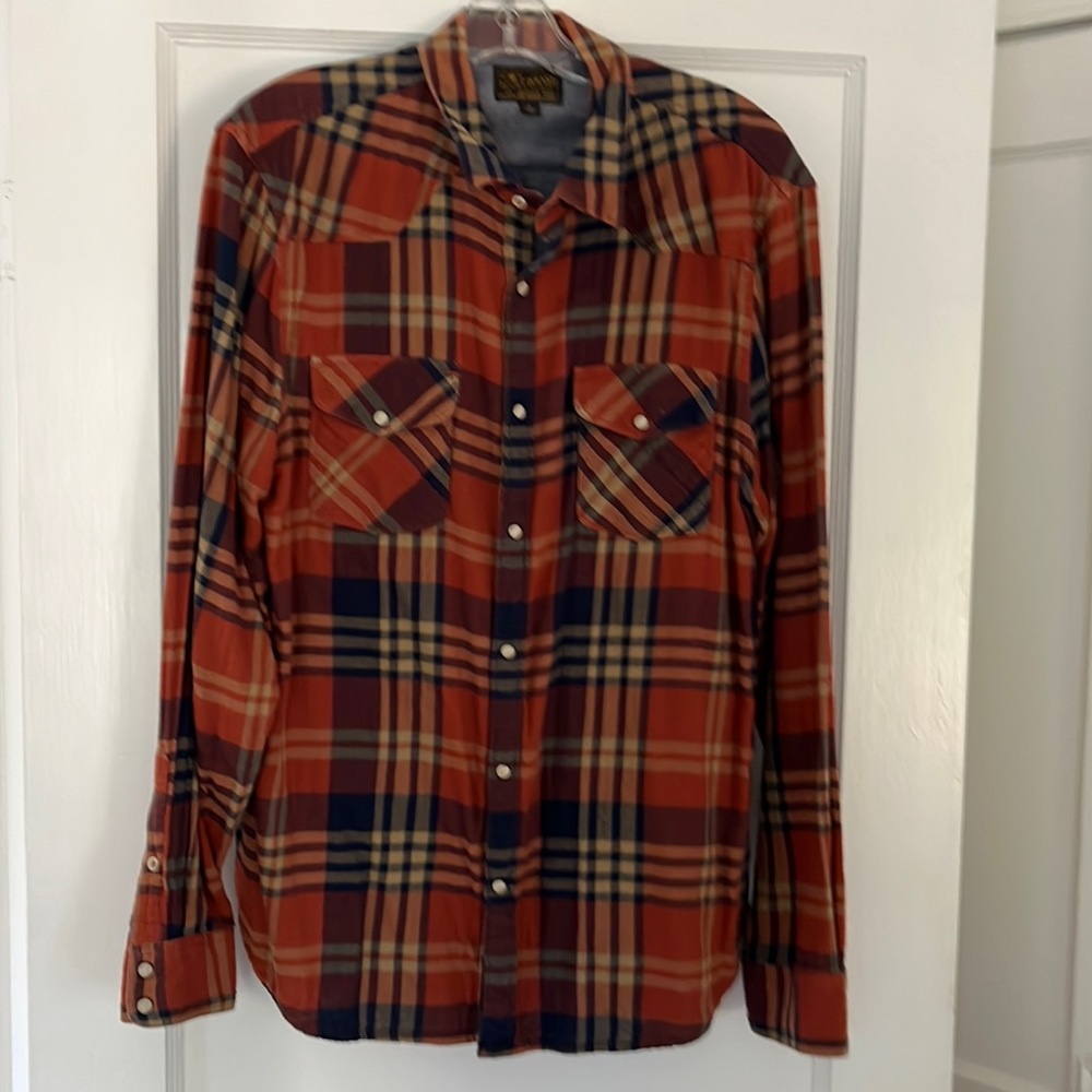 Lucky Brand plaid flannel shirt orange/tan/blue men’s size L